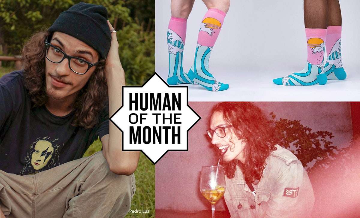 A collage of photos. Two are portraits of 2020 Design-a-Sock winner Luca Luz and one is of his winning design on socks.